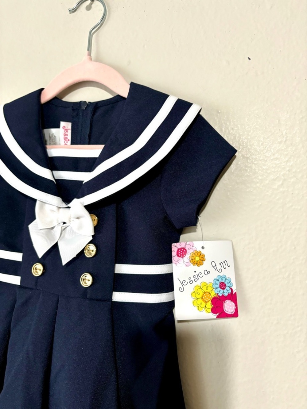 NWT Jessica Ann Girls Sailor Dress Navy Blue White Short Sleeve Size 3T - Picture 5 of 6